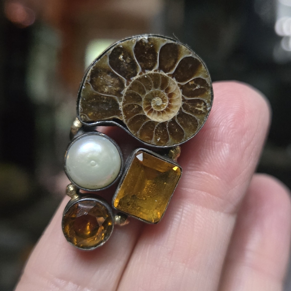 Ammonite Fossil pearl & citrine gemstone sterling & gold Ring sz8.5 - Picture 3 of 11